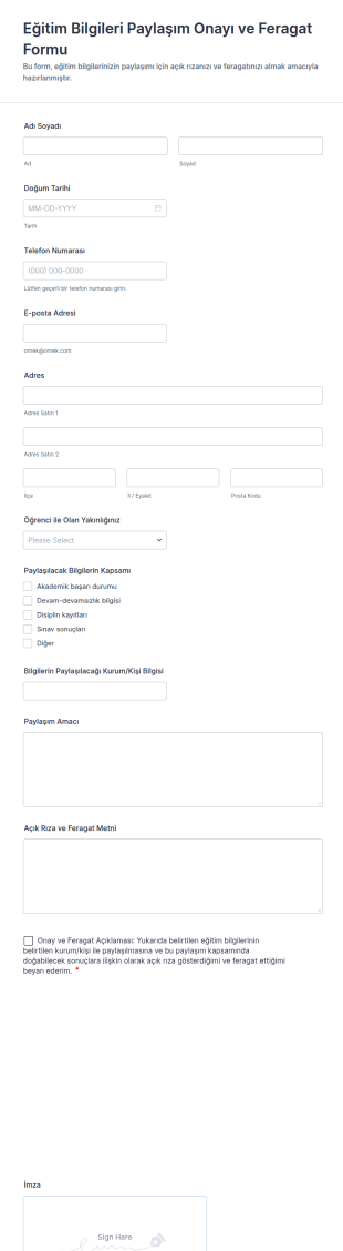 Eğitim Bilgileri Paylaşım Onayı Ve Feragat Form Şablonu