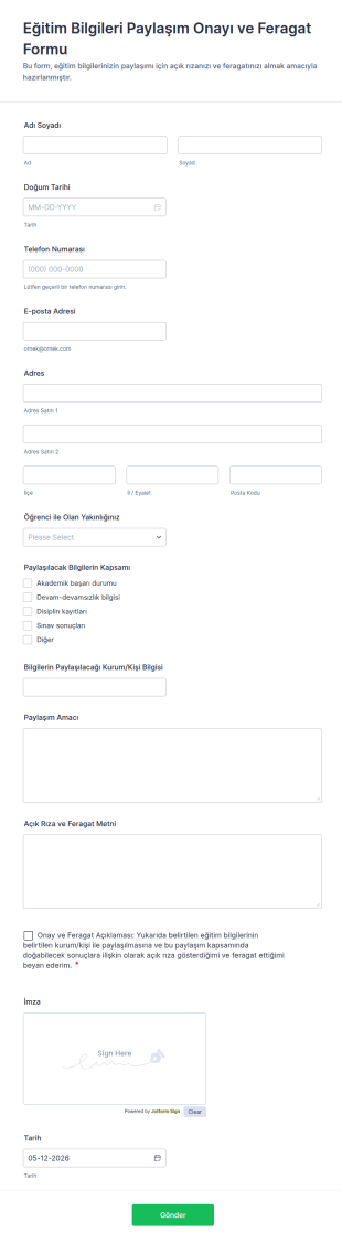 Eğitim Bilgileri Paylaşım Onayı Ve Feragat Form Şablonu