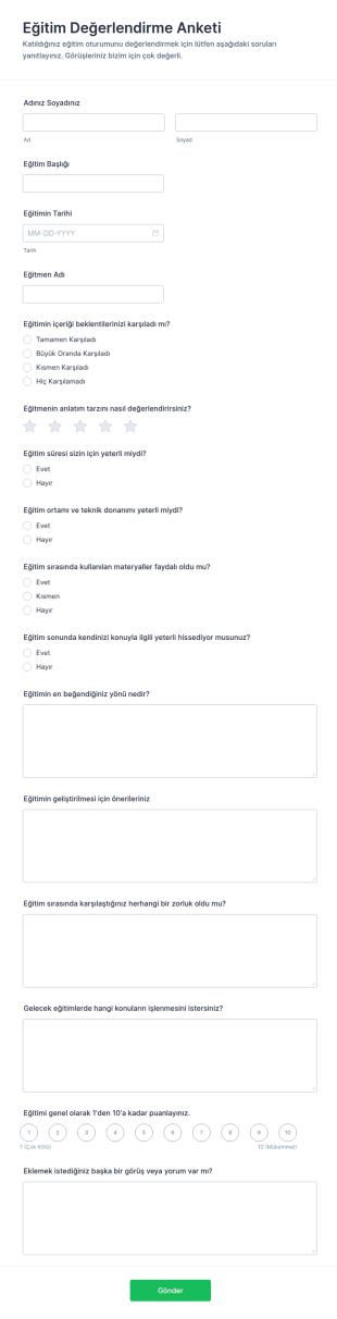 Eğitim Değerlendirme Anketi Form Şablonu