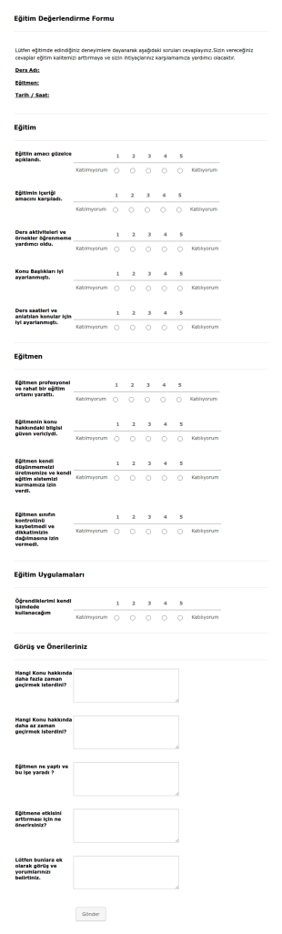Eğitim Değerlendirme Form Şablonu