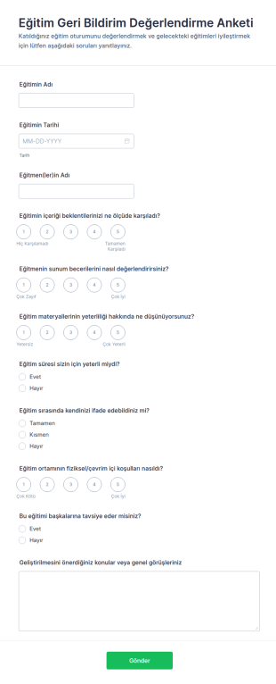 Eğitim Geri Bildirim Değerlendirme Anketi Form Şablonu