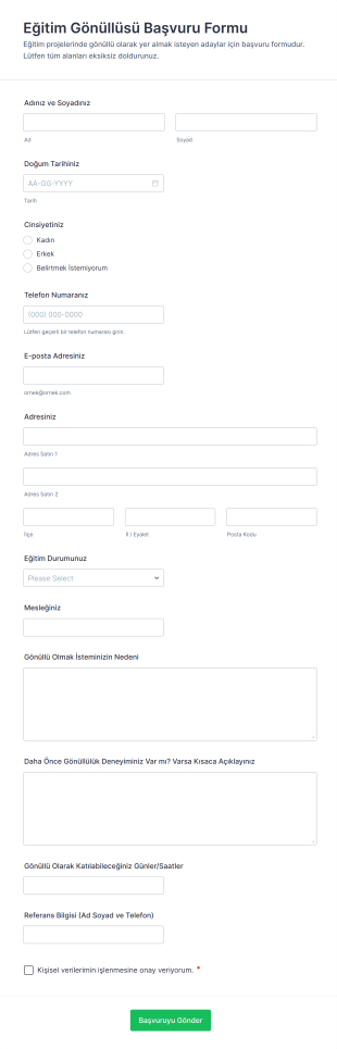 Eğitim Gönüllüsü Başvuru Form Şablonu