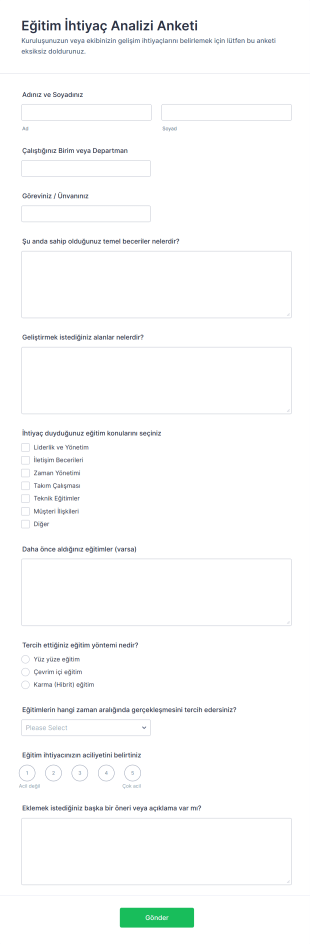 Eğitim İhtiyaç Analizi Anketi Form Şablonu