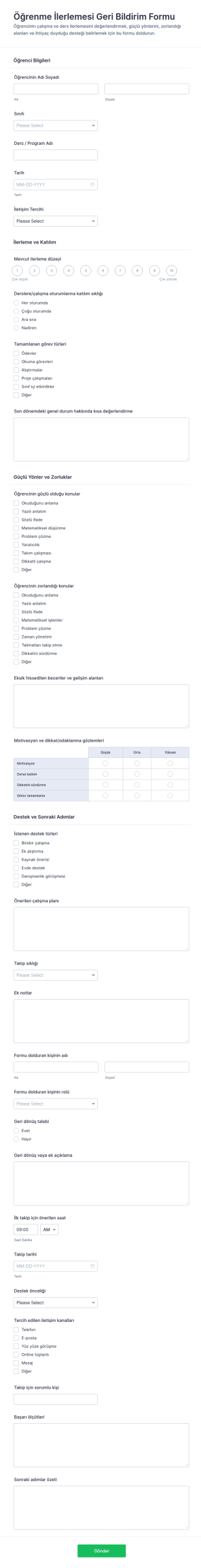 Eğitim İlerleme Geri Bildirim Anketi Form Şablonu