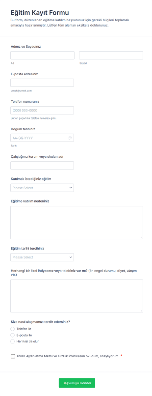 Eğitim Kayıt Form Şablonu