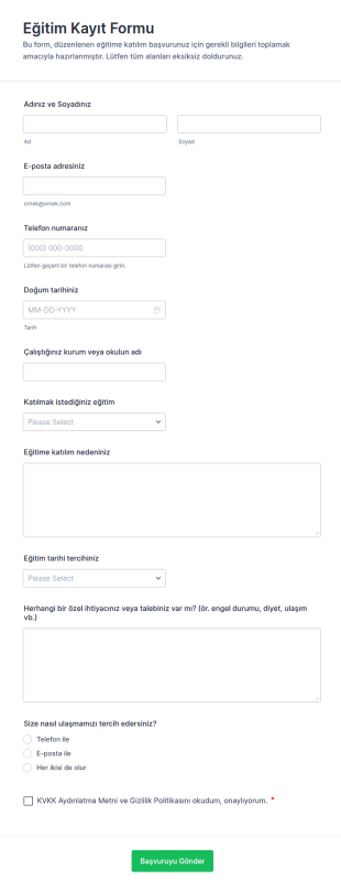 Eğitim Kayıt Form Şablonu
