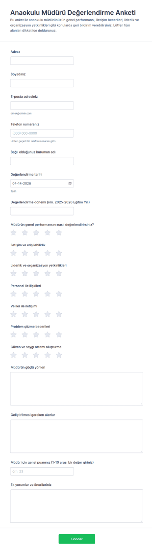 Eğitim Kurumu Müdürü Değerlendirme Anketi 🎓 Form Şablonu