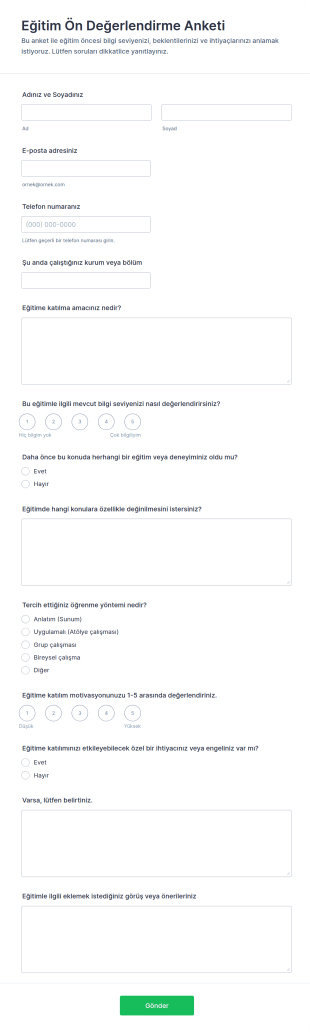 Eğitim Ön Değerlendirme Anketi Form Şablonu