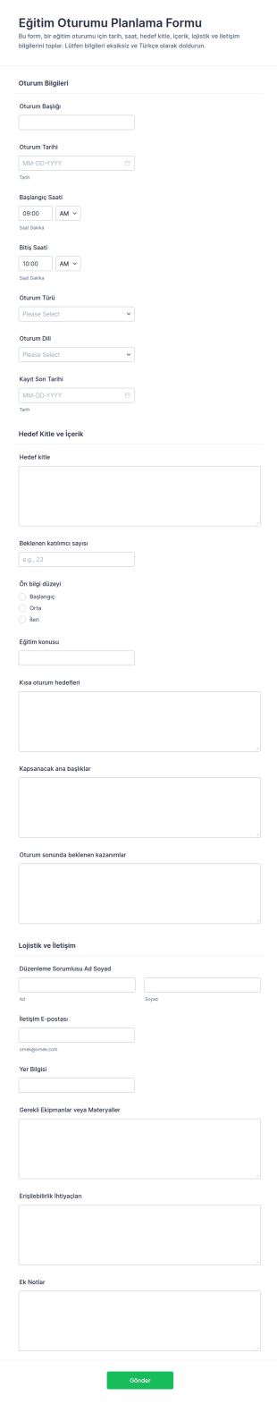 Eğitim Oturumu Planlama Form Şablonu
