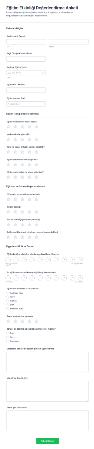 Eğitim Verimliliği Değerlendirme Anketi Form Şablonu