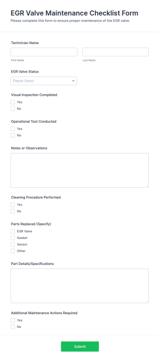 EGR Valve Maintenance Checklist Form Template