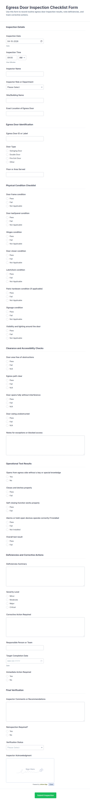 Egress Door Inspection Checklist Form Template