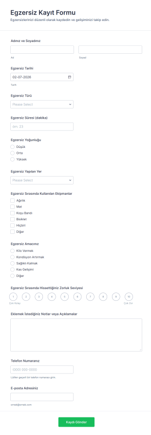 Egzersiz Kayıt Form Şablonu