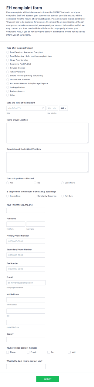 Environmental Health Complaint Form Template