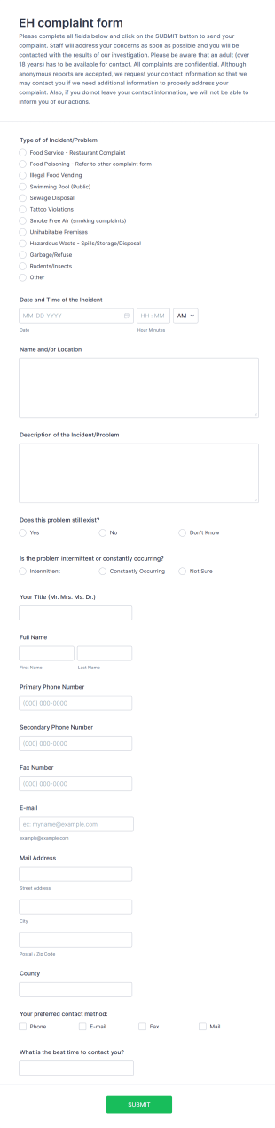 Environmental Health Complaint Form Template