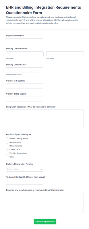 EHR And Billing Integration Requirements Questionnaire Form Template