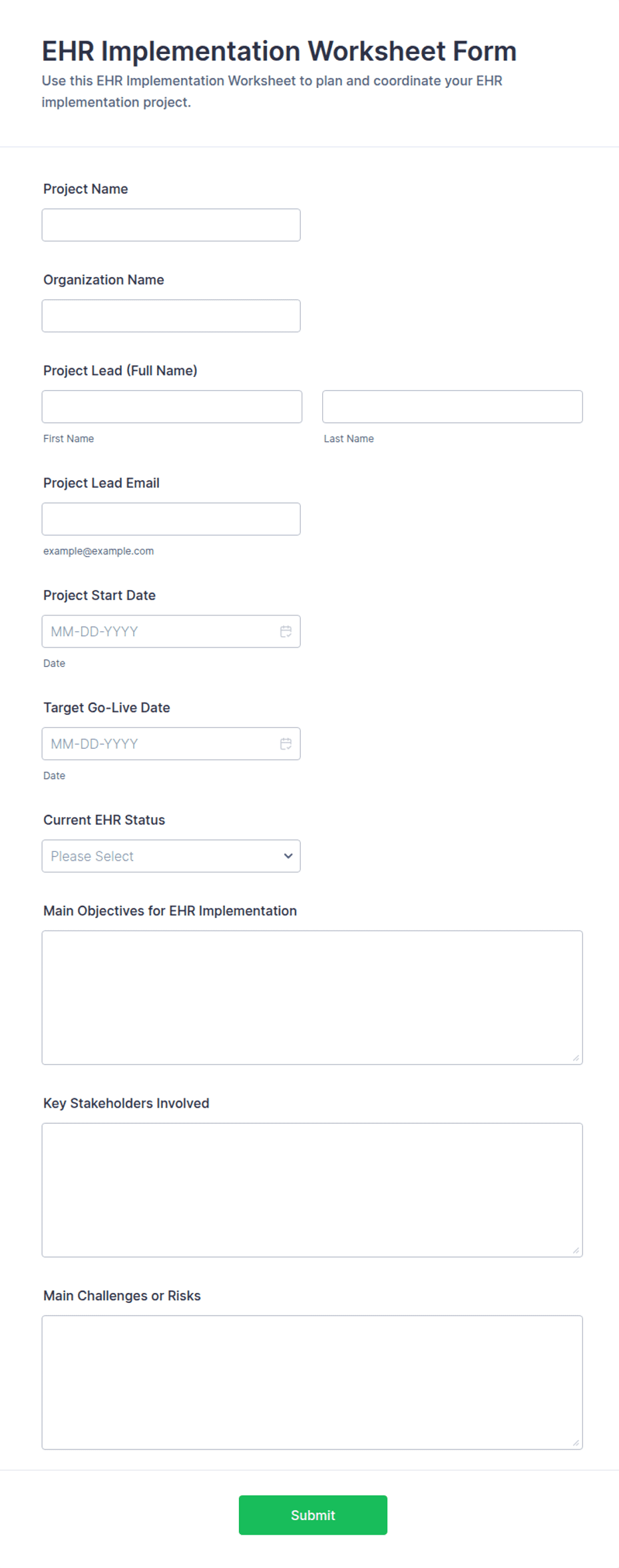 EHR Implementation Worksheet Form Template | Jotform