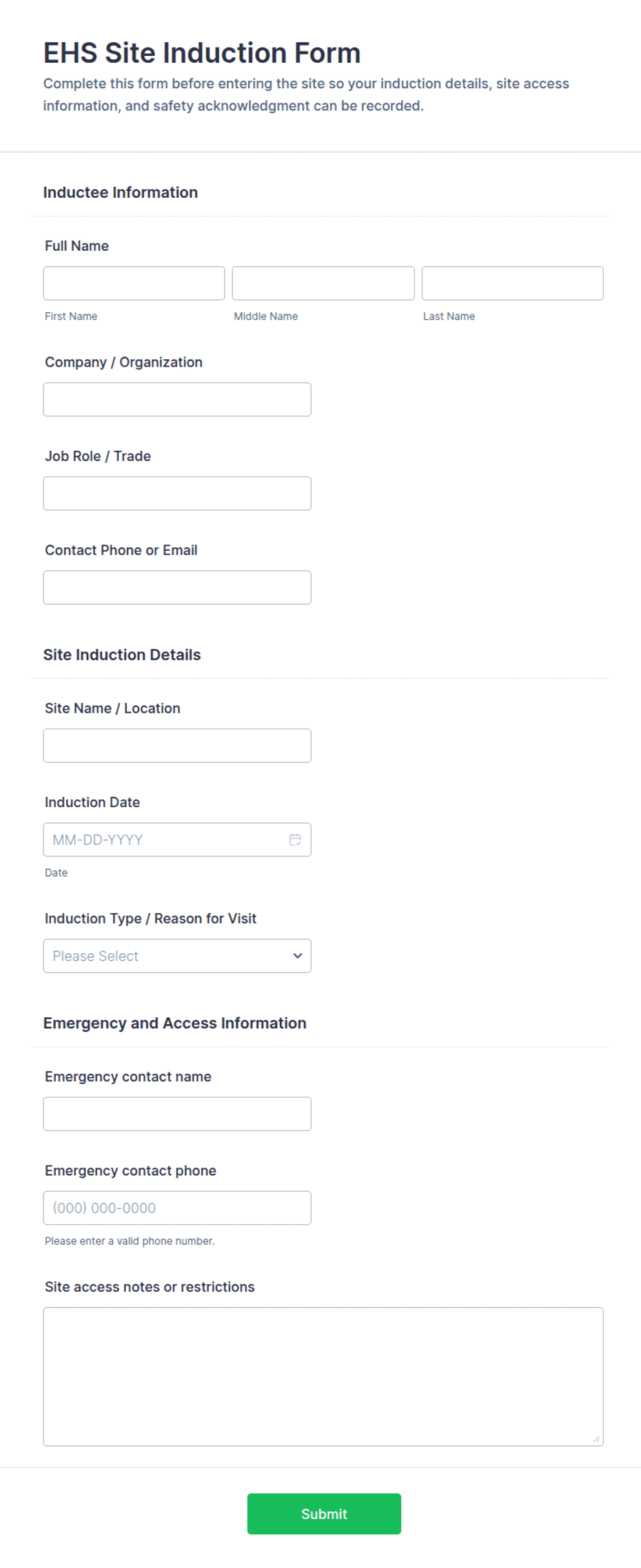 EHS Site Induction Form Template | Jotform