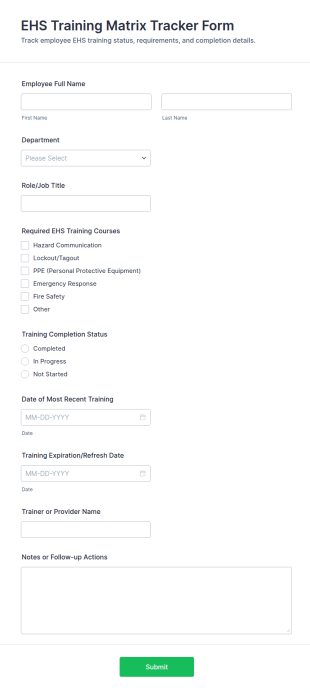 EHS Training Matrix Tracker Form Template