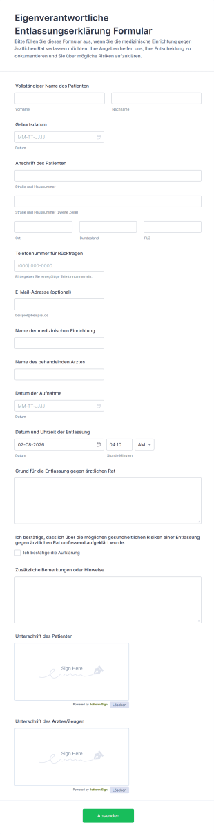 Eigenverantwortliche Entlassungserklärung Formular