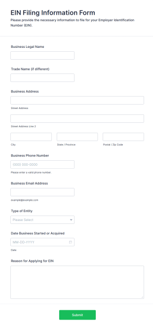 EIN Filing Information Form Form Template