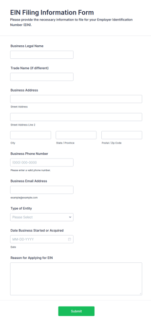 EIN Filing Information Form Template