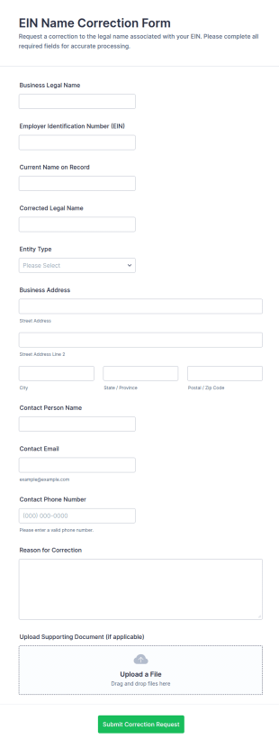 EIN Name Correction Form Template