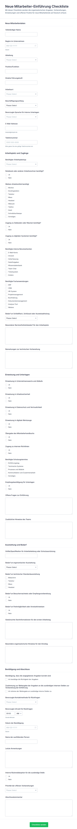 Einarbeitungs Checkliste Für Neueinstellungen Formular