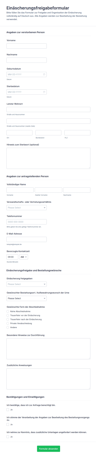 Einäscherungsfreigabe Formular