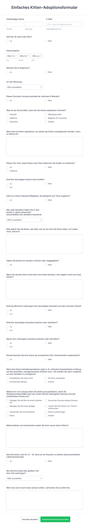 Einfaches Kitten Adoptionsformular Form Template