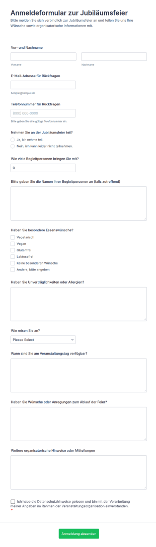 Einladung Zur Jubiläumsfeier Zusageformular