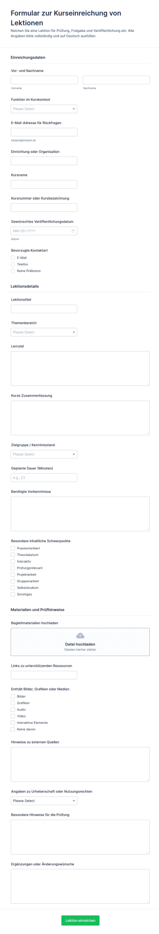Einreichung Von Lektionen Kurs Form