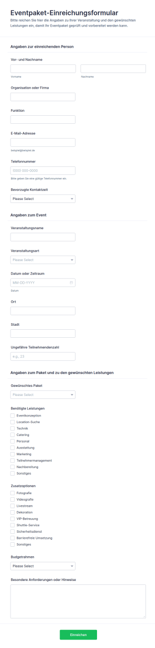 Einreichungsformular Für Veranstaltungs Paket