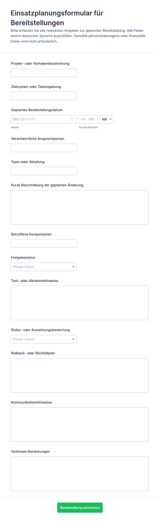 Bereitstellungsformular
