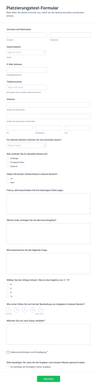 Einstufungstest Formular