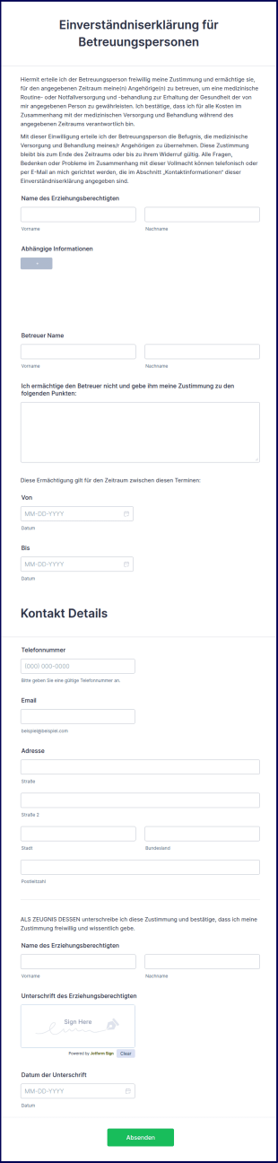 Einverständniserklärung Für Betreuungspersonen
