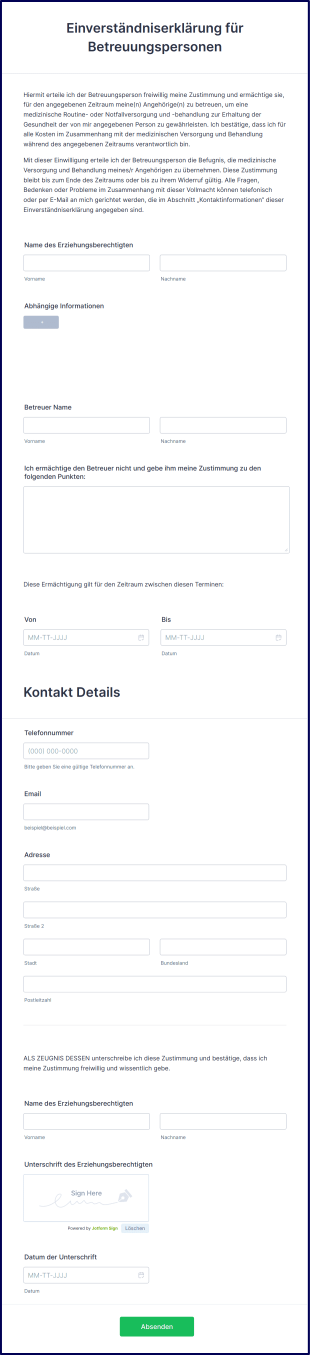Einverständniserklärung Für Betreuungspersonen
