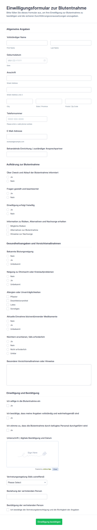 Einverständniserklärung Für Blutentnahme Formular