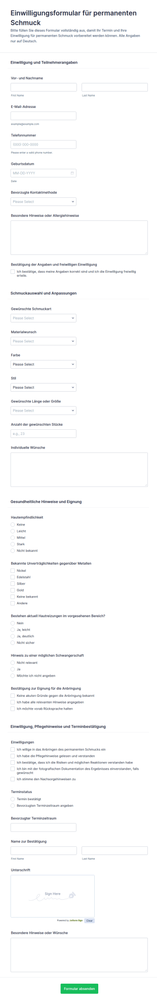Einverständniserklärung Für Dauerhaften Schmuck