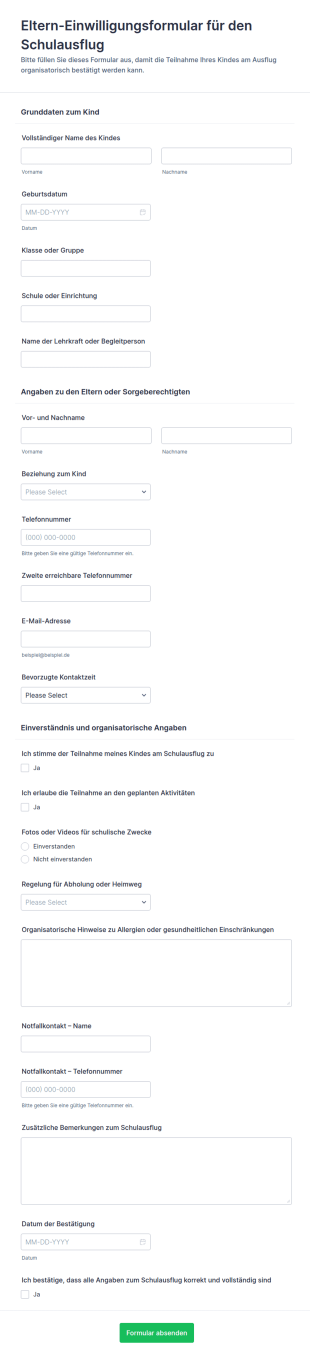 Einverständniserklärung Für Einen Ausflug