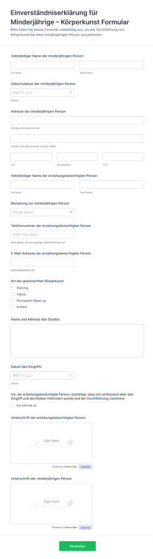 Einverständniserklärung Für Minderjährige – Körperkunst Formular