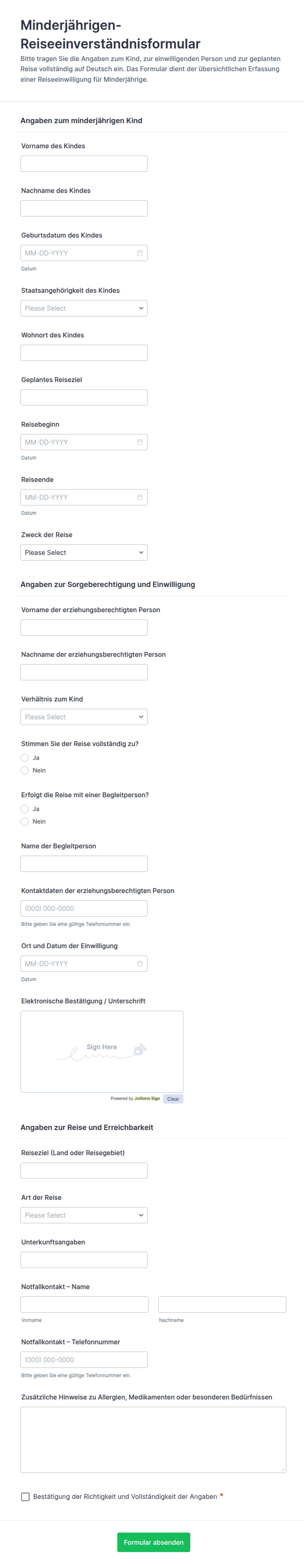 Einverständniserklärung für Minderjährige Reisen Formular | Jotform