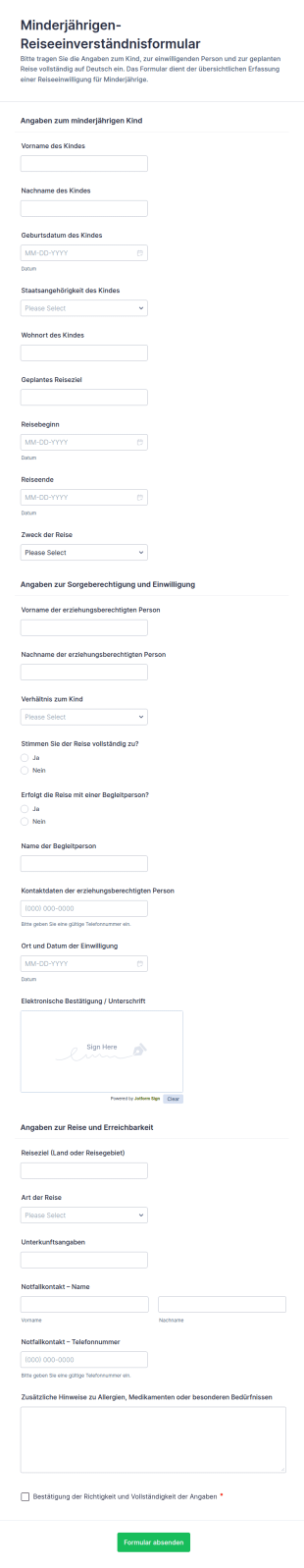 Einverständniserklärung Für Minderjährige Reisen Formular