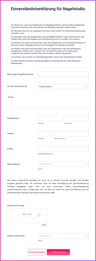 Einverständniserklärung Für Nagelstudio Form Template