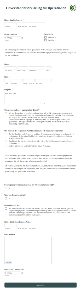 Einverständniserklärung Für Operationen Form Template