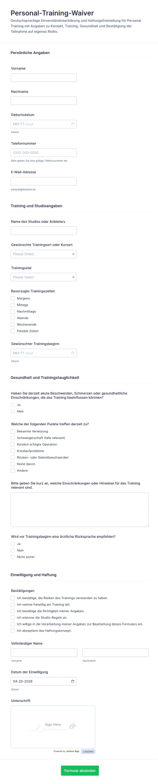 Einverständniserklärung Für Persönliches Training