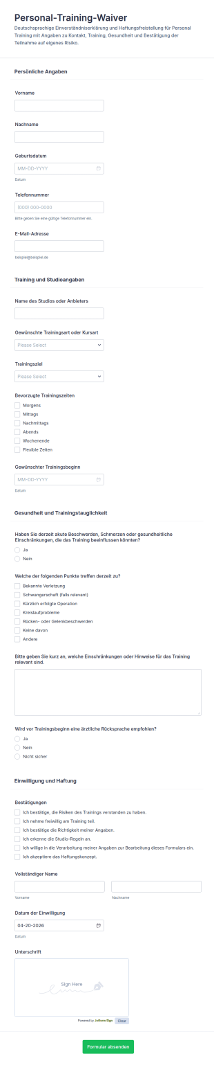 Einverständniserklärung Für Persönliches Training