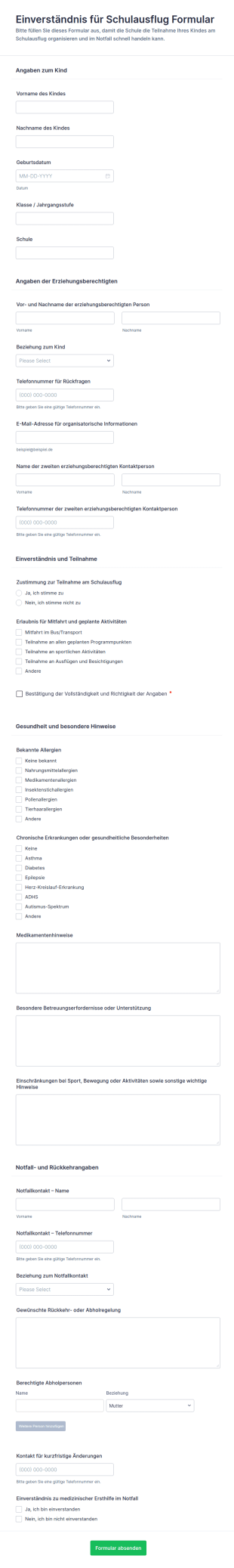 Einverständniserklärung Für Schulreise
