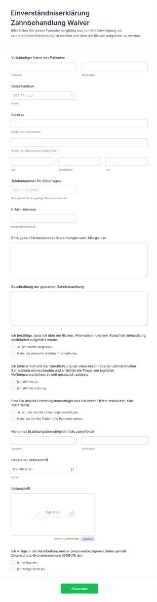 Einverständniserklärung Zahnbehandlung Waiver