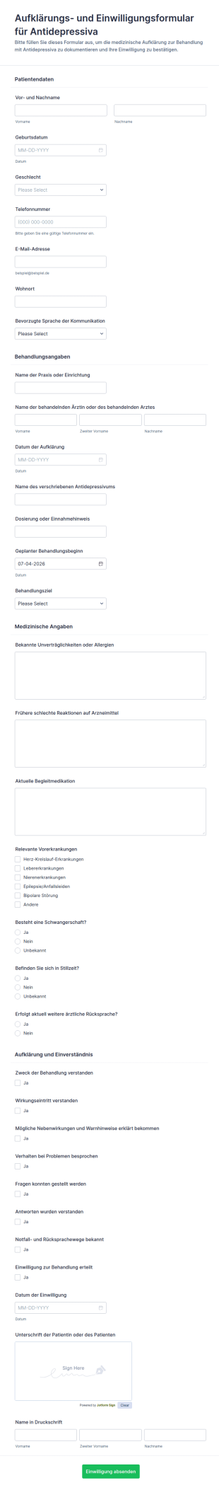 Einverständniserklärung Zu Antidepressiva